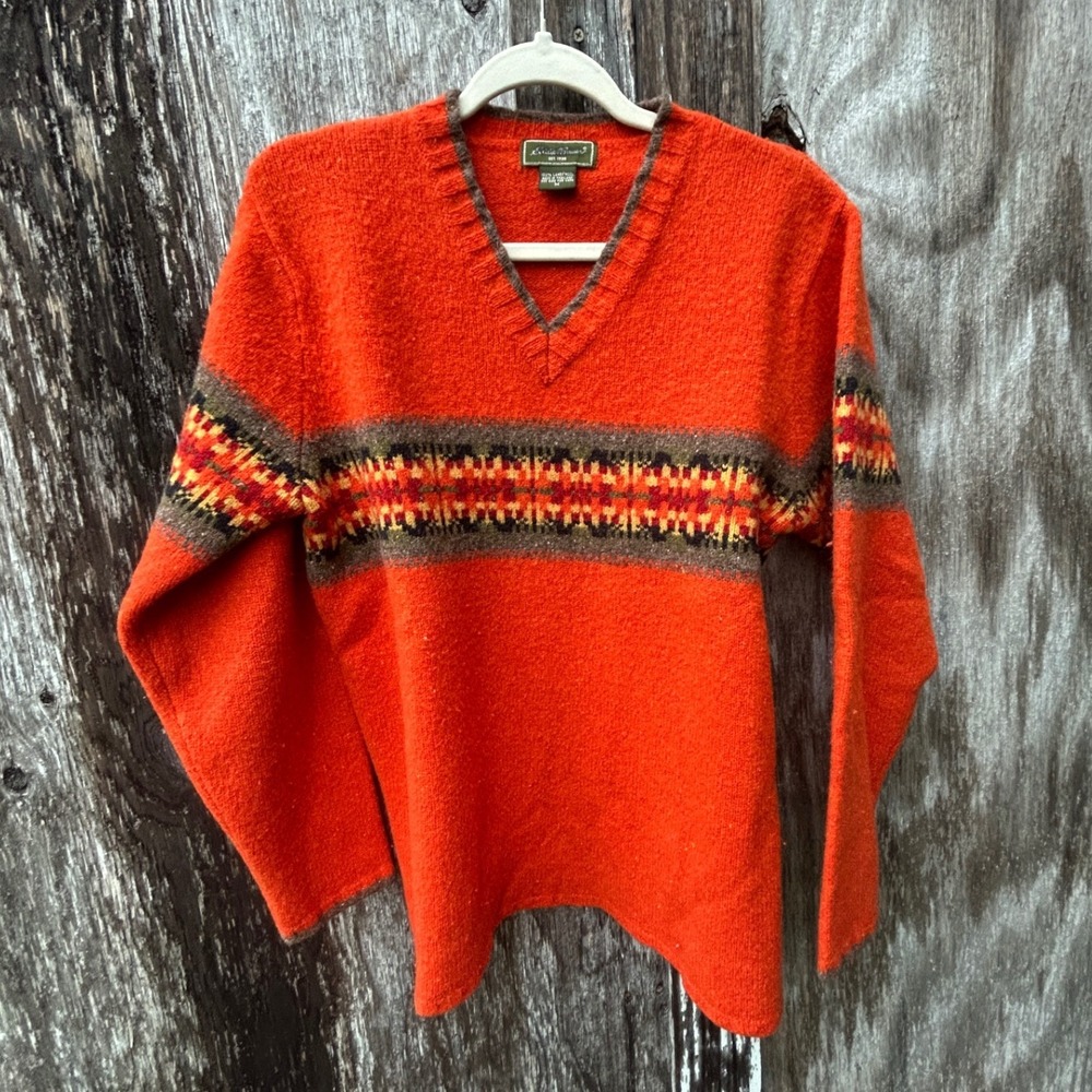 Eddie Bauer Orange Lambswool V-Neck Fair Isle Southwestern Sweater Unisex Fall M